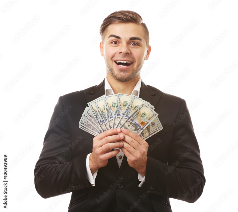Man holding money isolated on white