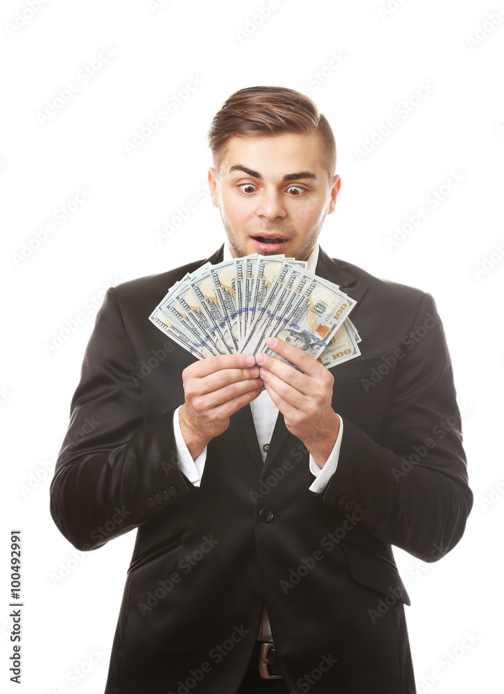 Man holding money isolated on white