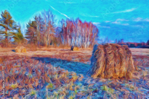 Fototapeta do kuchni Autumn landscape with stacks of hay