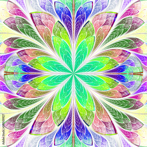 Fototapeta na wymiar Multicolored symmetrical fractal flower in stained-glass window