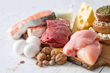 Selection of protein sources in kitchen background