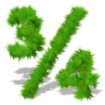 Conceptual green grass 3D font isoalted on white background