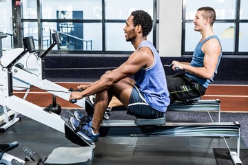 Wall Mural - Muscular men using rowing machine