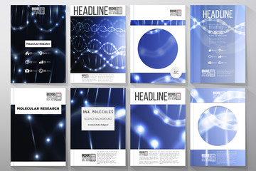Poster - Set of business templates for brochure, flyer or booklet. DNA molecule structure on dark background. Science vector background