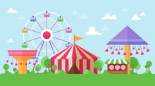 Flat Retro Funfair Scenery With Amusement Attractions And Carousels In Colorful Cartoon Vintage Style