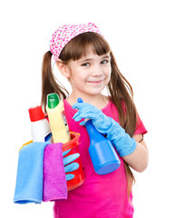 Poster - Girl with tools for house cleaning. isolated on white background