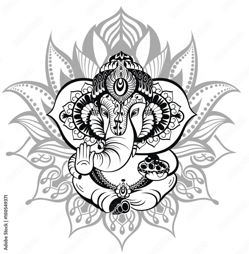 Greeting Beautiful card with Elephant.Ornament God Ganesha - obrazy, fototapety, plakaty 