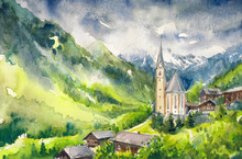 Watercolor Painted Illustration Of Village Heiligenblut At The Foot Of The Alps In Austria