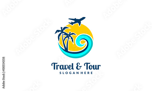 Sun Cloud Landscape Palm Wave Travel Tour Vector Logo