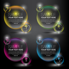 Wall Mural - Abstract vector banner set. Bubbles. Colorful, transparent and glossy on the black panel. Use for business, marketing concept. 4 parts concept. Vector illustration. Eps10.