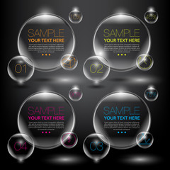 Wall Mural - Abstract vector banner set. Bubbles. Transparent and glossy on the black panel. Use for business, marketing concept. 4 parts concept. Vector illustration. Eps10.