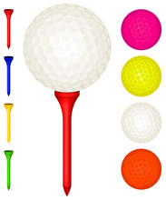 Vector Illustration Of Golf Balls And Tees In Various Colors.