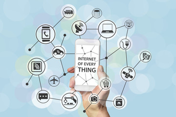 Aufkleber - Internet of everything concept with male hand holding modern smart phone in front of light blue background