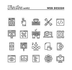 web design, coding, responsive, app development and more, thin line icons set