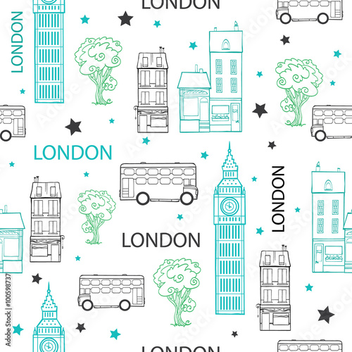 Dekoracja na wymiar  wektor-london-streets-recznie-rysowane-wzor-z-domow-drzew-autobusow-i-wiezy-big-bena