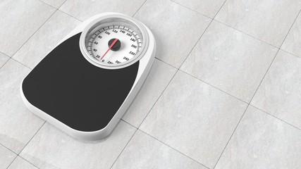 Bathroom scale in pounds, on bathroom floor