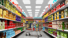 Supermarket Interior, Shelves With Various Products And Full  Trolley Basket
