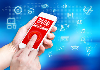 Aufkleber - Hand holding mobile phone with Digital Advertising word with rel