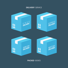 Poster - Boxes icons set. Packed boxes. Carton package box icons. Free delivery, express delivery, same day delivery, next day delivery. Vector illustration.