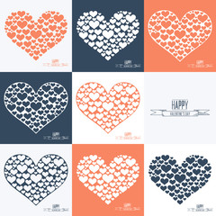 Poster - Happy Valentines day cards. Set of heart sign symbols. Heart of many hearts. Flat color vector illustration.