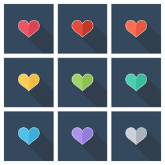Poster - Set of heart icons with long shadow. Heart sign symbols. Flat color vector illustration.