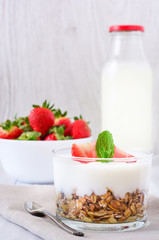 Canvas Print - Yogurt with cereals,strawberries and milk