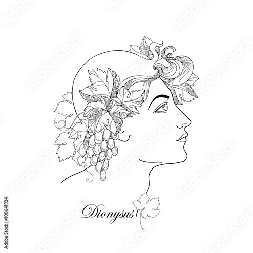 Mythological Dionysus or Bacchus in contour style isolated on white ...