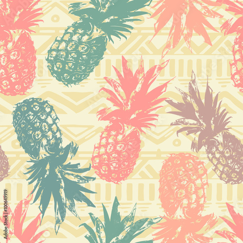 Tapeta ścienna na wymiar Seamless pattern with pineapple on tribal background in vector