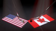 Hockey puck, hockey sticks and the image of the Unites States and Canadian flag on the ice.