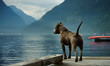 American Pit Bull Terrier standing on the dock and looking out at the mountains and lake
