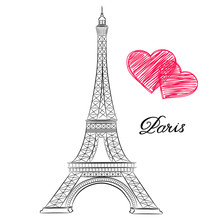 Sketch Of Paris, Eiffel Tower  With Hearts. Vector Illustration