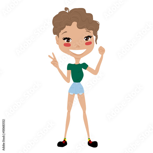 Cute Cartoon Girl With A Short Hair And Beautiful Smile Flat