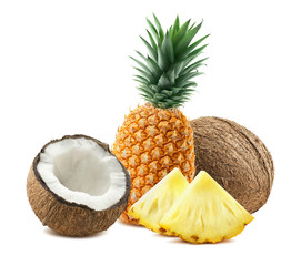 Wall Mural - Pineapple coconut pieces composition 3 isolated on white backgro