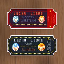 Vintage Lucha Libre Tickets With Mexican Wrestling Masks.  Wrestler Competition. Vector Illustration