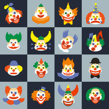 Clown Face Set. Character Cry With Hair In Costume, Carnival Circus Clown Faces. Clown Faces Vector Illustration