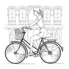Girl Bicyclist In Paris. Leisure Young Woman, Urban Travel, Fashion City. Hand Drawn Beautiful Girl In Paris Vector Illustration