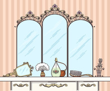Retro Dressing Table Vector. Mirror And Hairbrush, Perfumes And Cosmetics. Furniture Interior Dressing Table With Mirror In Retro Style Vector  Illustration