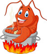 Cartoon funny lobster being cooked in a pan