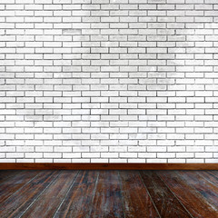  Empty room. White brick wall and wood floor.