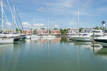 yacht and sailing boat moored at the pier,boat lagoon in Phuket Thailand