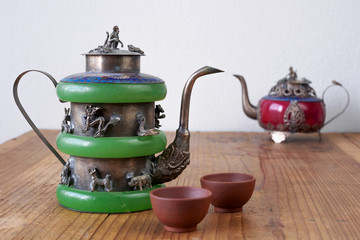 Wall Mural - Vintage Chinese teapot made of old jade and Tibet silver with mo