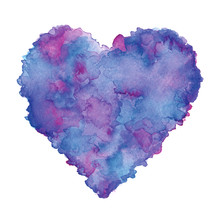 Watercolor Painted Purple Heart, Hand Drawn Element For Your Designs. Love Background.