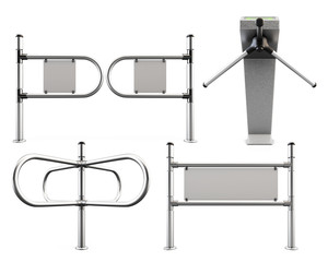 Set of metal turnstiles and partitions isolated on white backgro