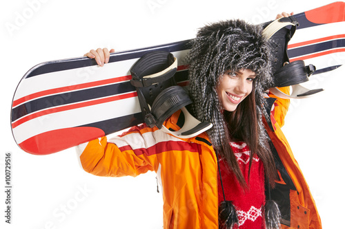 Naklejka - mata magnetyczna na lodówkę Young woman standing with snowboard isolated on white