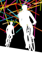 Cycling man and woman in abstract sport vector concept backgroun