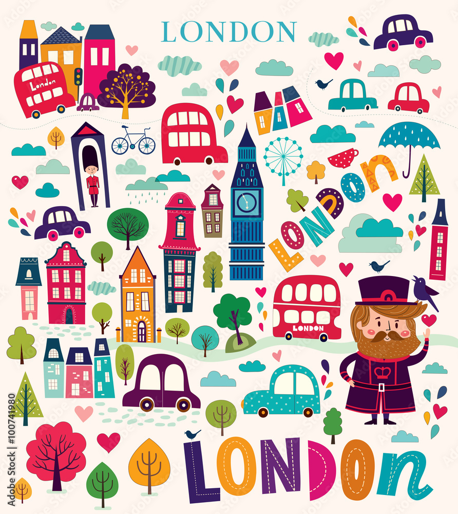 Vector colorful pattern with London symbols - obrazy, fototapety, plakaty 