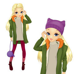 Wall Mural - City Style Blonde Girl In Greeen Coat