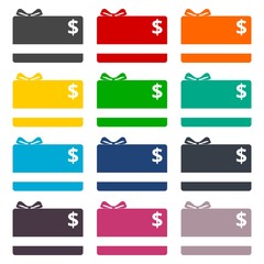 Shopping gift card flat icons set