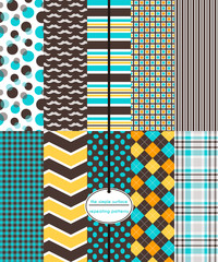 Sticker - Collegiate seamless pattern set. Repeating patterns in collegiate colors for backgrounds, gift wrap, fabric, scrapbooking and more. Mustache, abstract, stripe, chevron and argyle prints. Preppy.