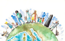 Illustration Of People Different Nationalities Going On A Earth.Picture Created With Watercolors